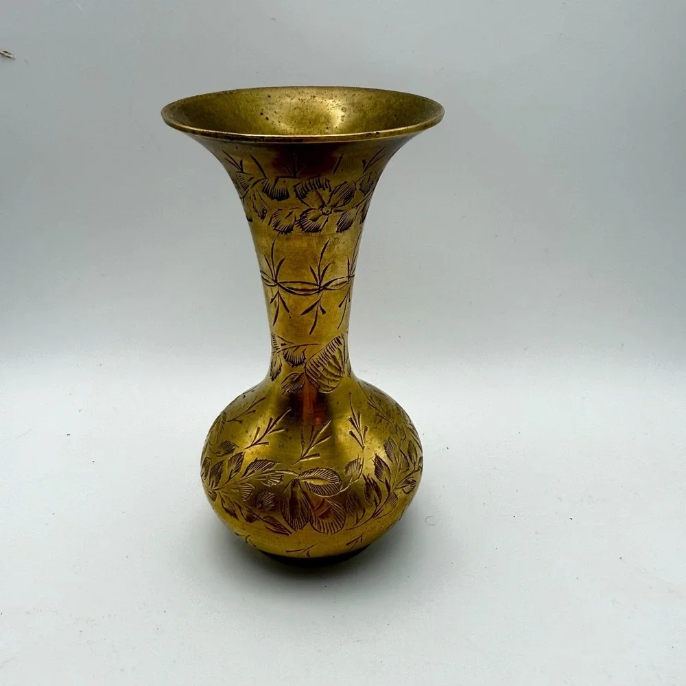 Vintage Etched Brass Vase Floral Design‎ India Decorative Accent Tabletop Decor